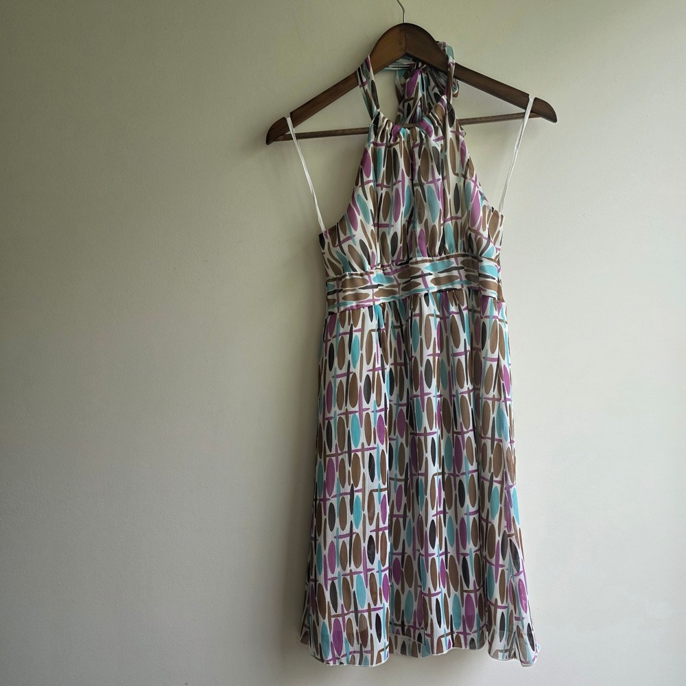 Vintage Y2K Babydoll Halter Dress S Geometric Print Mini Wedding Guest Cocktail